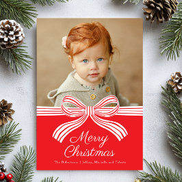 Tarjeta Festiva Red and White Bow Flat Christmas Photo Card