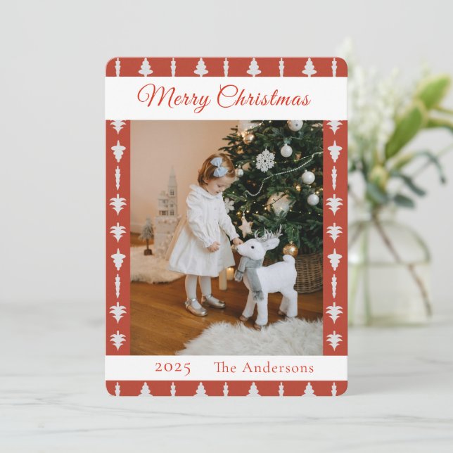 Tarjeta Festiva Red and White Christmas Tree Photo  (Anverso de pie)