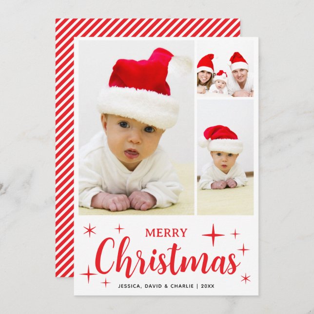 Tarjeta Festiva Red and White Merry Christmas Family Photo Collage (Anverso / Reverso)