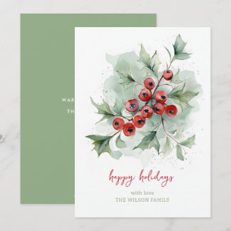 Tarjeta Festiva Red Berries Botanical Watercolor Christmas