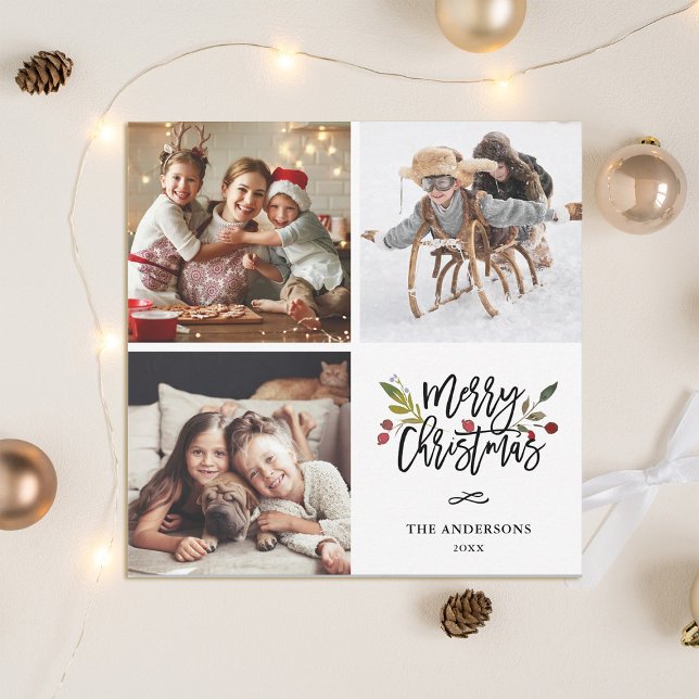 Tarjeta Festiva Red Berries Merry Christmas Square Foto (Subido por el creador)