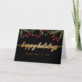 Tarjeta Festiva Red Black & Gold Happy Holiday Script foliage
