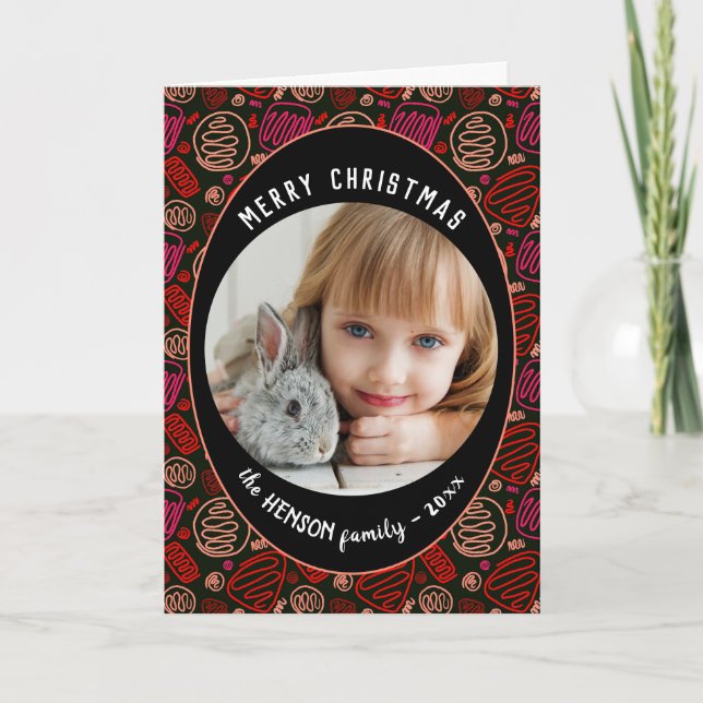 Tarjeta Festiva Red Black One line Navidades de arte Family Photo  (Anverso)