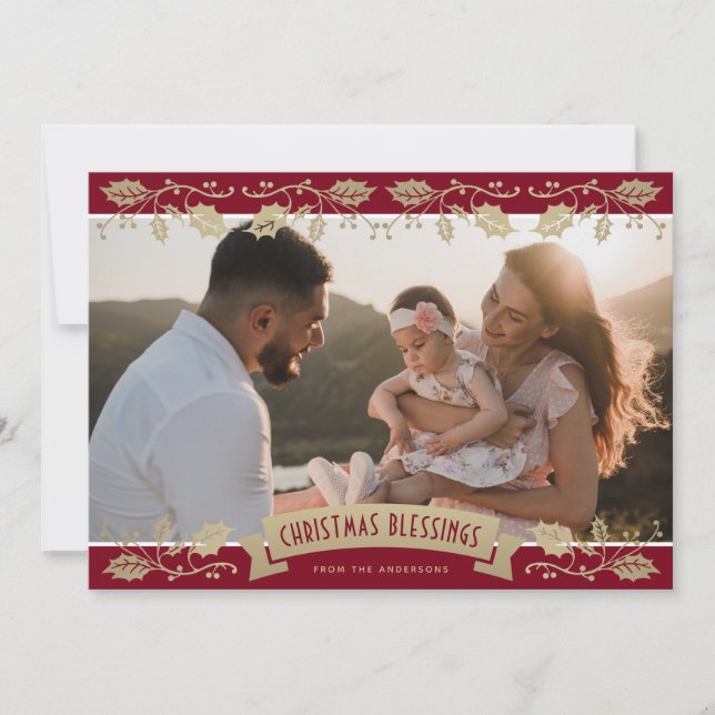 Tarjeta Festiva Red Botanical Photo Christmas Blessings Christian (Anverso)