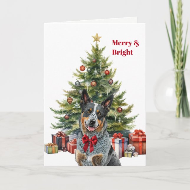 Tarjeta Festiva Red Bow Australian Cattle Dog Christmas Tree Card (Anverso)