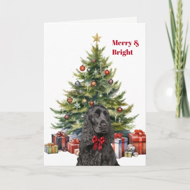Tarjeta Festiva Red Bow Black Cocker Spaniel Dog Christmas Tree (Anverso)