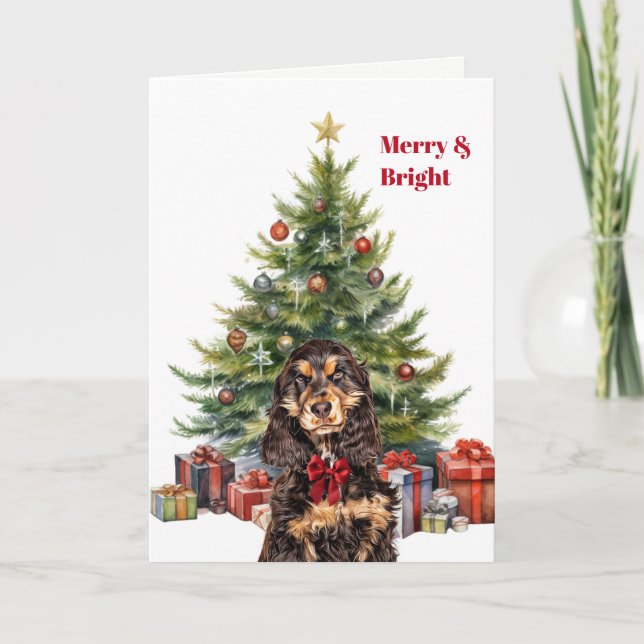 Tarjeta Festiva Red Bow Black Tan Cocker Spaniel Christmas Tree (Anverso)