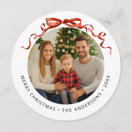Tarjeta Festiva Red Bow Circle Christmas Photo