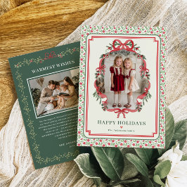 Tarjeta Festiva Red Bow Farmhouse Charm Christmas Photo