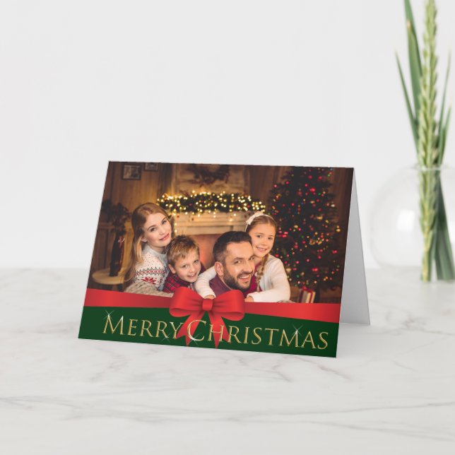 Tarjeta Festiva Red Bow Golden Merry Christmas Photo (Anverso)