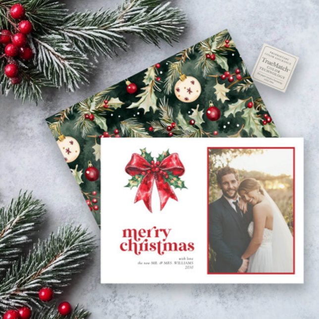 Tarjeta Festiva Red Bow Holly casado y Merry recién casada foto (Subido por el creador)