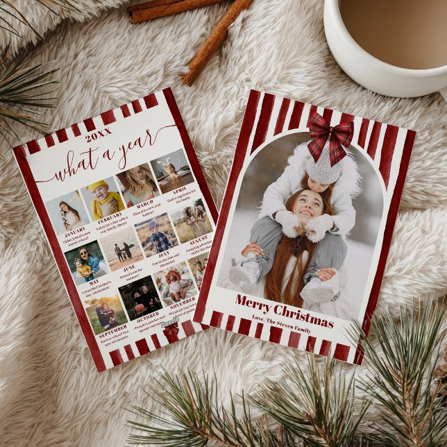Tarjeta Festiva Red Bow Stripe Plaid Christmas Photo Year Review (Red Bow Stripe Plaid Christmas Photo Year Review Holiday Card)