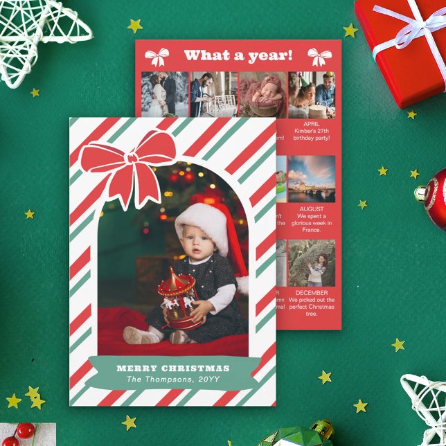 Tarjeta Festiva Red Bow & Stripes Year In Review Merry Christmas (Subido por el creador)