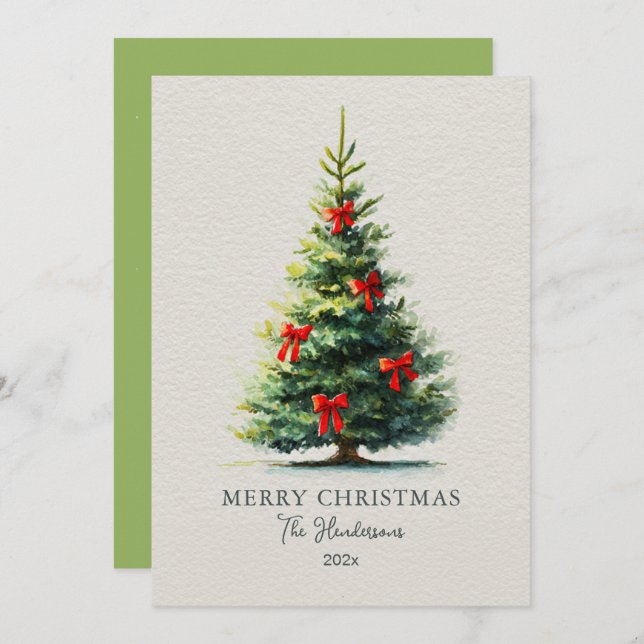 Tarjeta Festiva Red Bows Merry Christmas Tree (Anverso / Reverso)