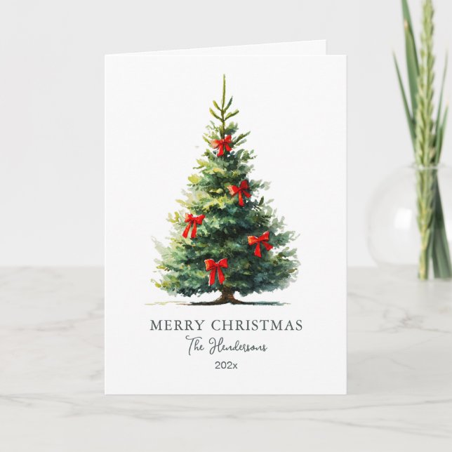 Tarjeta Festiva Red Bows Merry Christmas Tree Card (Anverso)