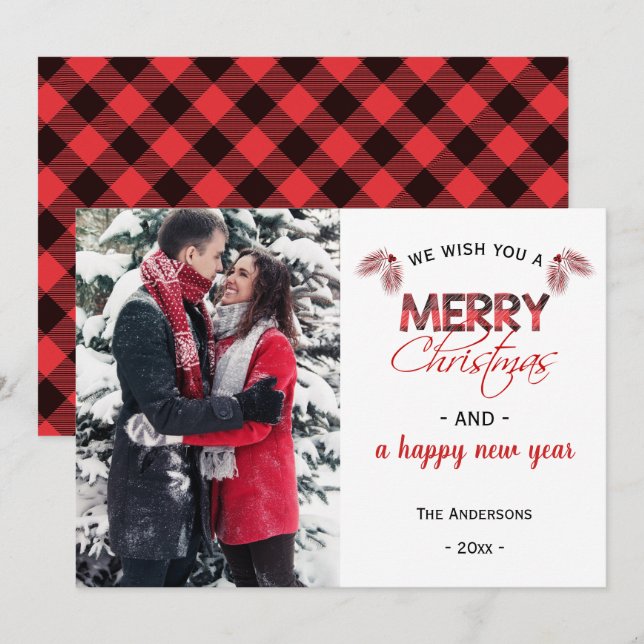 Tarjeta Festiva Red Buffalo Plaid | Foto de Navidades modernos (Anverso / Reverso)