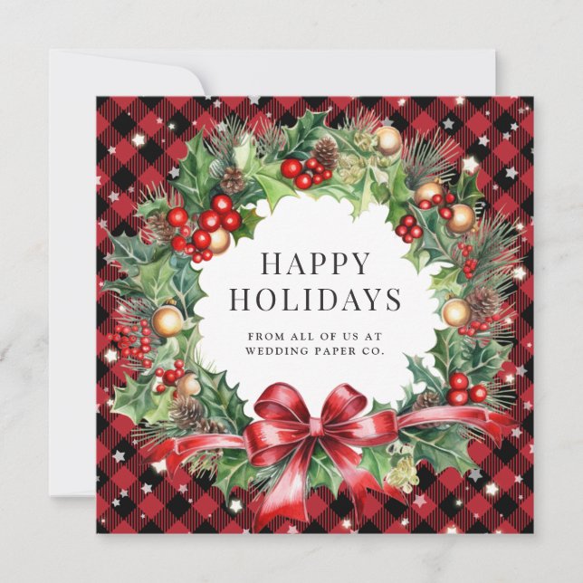 Tarjeta Festiva Red Buffalo Plaid Stars Holly Berries Business (Anverso)