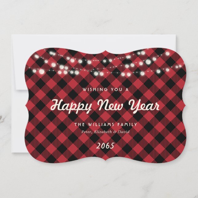 Tarjeta Festiva Red Buffalo Plaid String Lights New Year Card (Anverso)