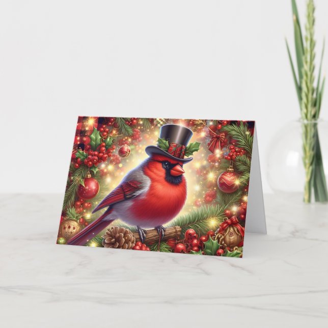 Tarjeta Festiva Red Cardinal wearing Top Hat Christmas (Anverso)