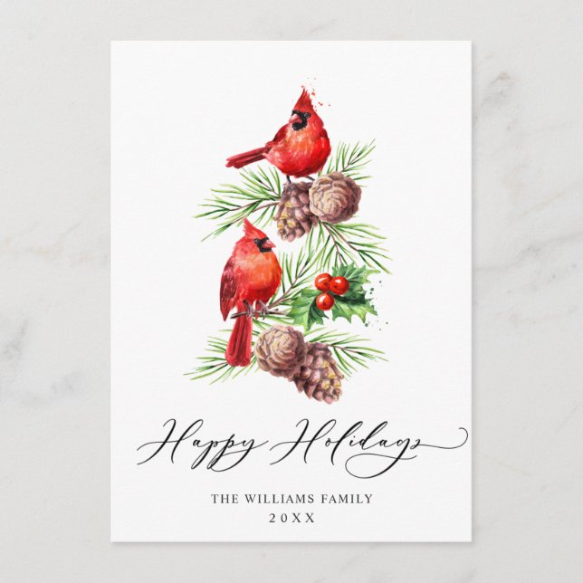 Tarjeta Festiva Red Cardinals Holly Berry Christmas Greeting (Anverso)