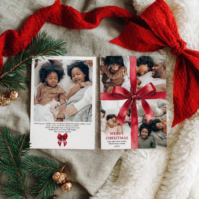 Tarjeta Festiva Red Coquette Bow Christmas Winter 5 Photo (Red Coquette Bow Christmas Winter 5 Photo Holiday Card)