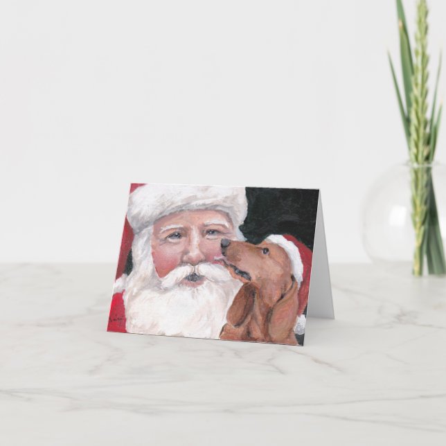 Tarjeta Festiva Red Dachshund Besando a Santa Claus Coche de arte  (Anverso)