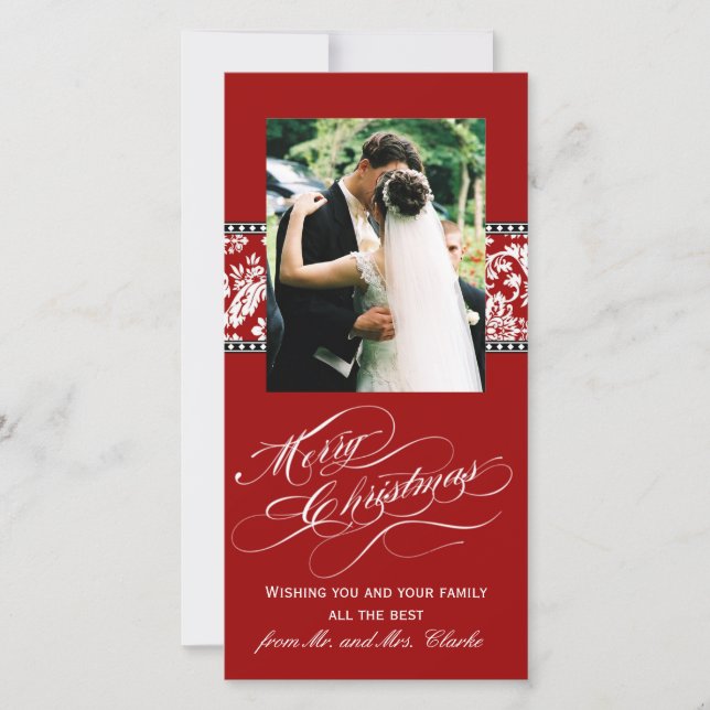 Tarjeta Festiva Red Damask Newly Weds First Christmas Photo Card (Anverso)
