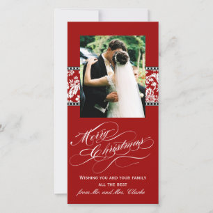 Tarjeta Festiva Red Damask Newly Weds First Christmas Photo Card