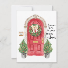 Tarjeta Festiva Red Door Potted Trees Wreath Watercolor