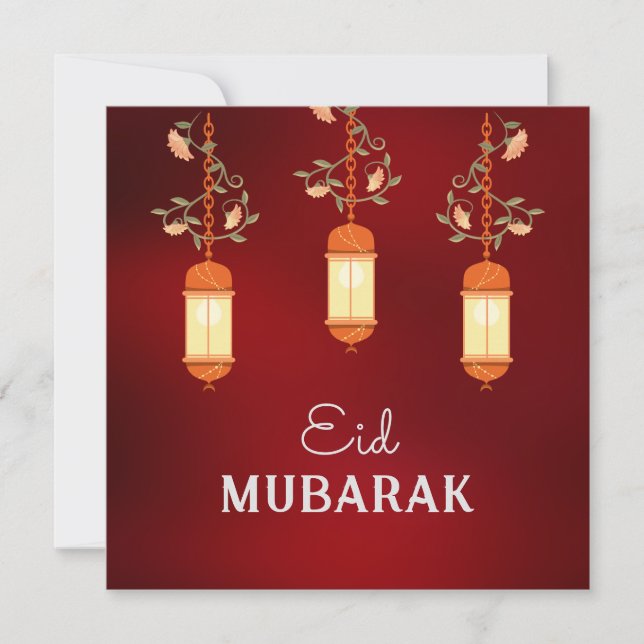 Tarjeta Festiva Red Eid Mubarak Floral Lantern Islamic Card (Anverso)