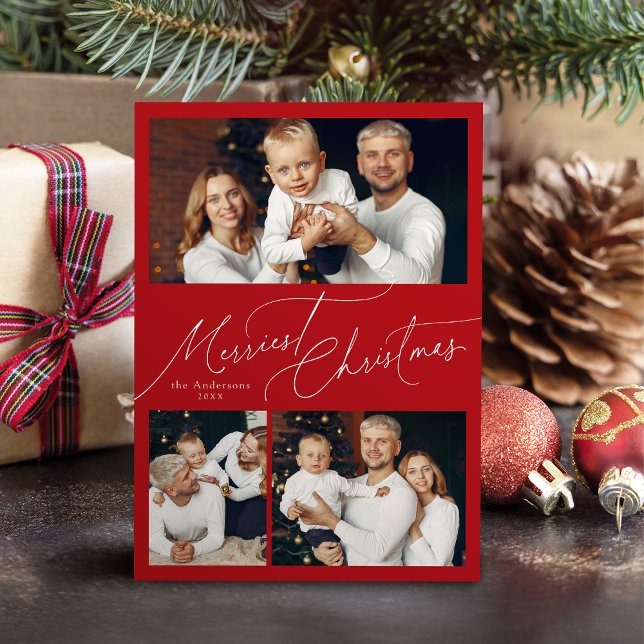 Tarjeta Festiva Red Elegant Script Merry Christmas Family 3 Photo (Red Elegant Script Merry Christmas Family 3 Photo Holiday Card)