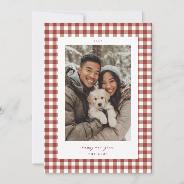 Tarjeta Festiva Red Gingham New Year Photo (Anverso)