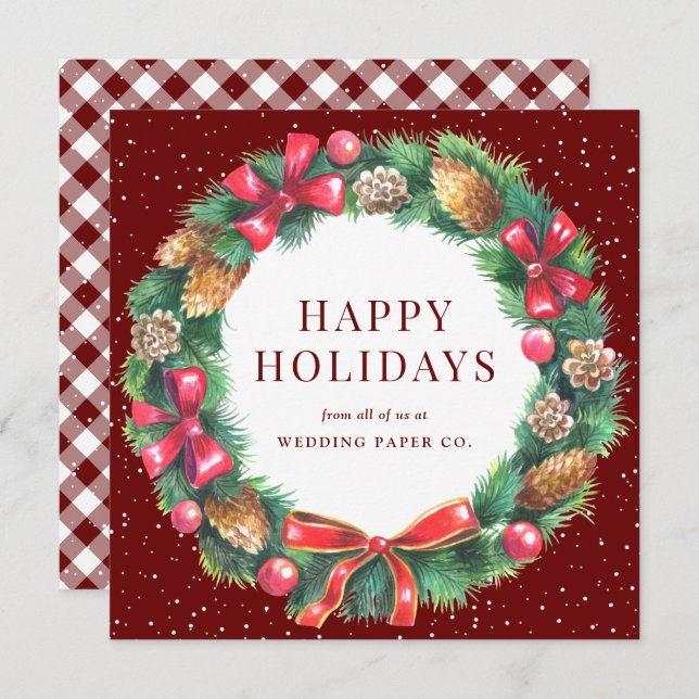 Tarjeta Festiva Red Gingham Plaid Holly Berries Wreath Business (Anverso / Reverso)