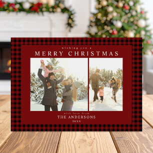 Tarjeta Festiva Red Gingham Plaid Two Photo