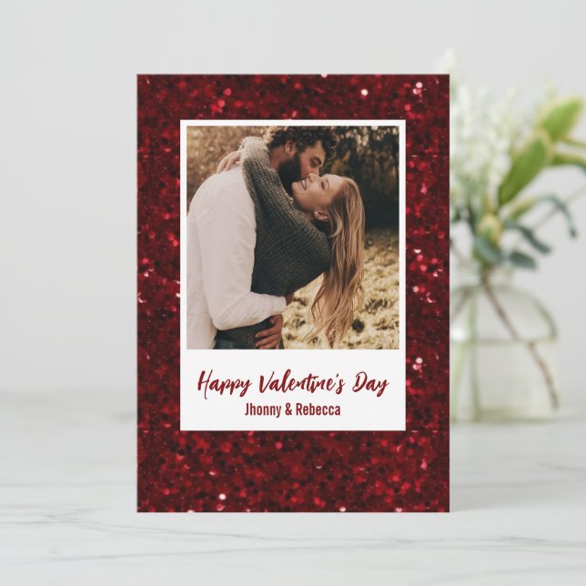 Tarjeta Festiva Red Glitter Couple Photo Happy Valentine's Day  (Anverso de pie)