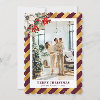 Tarjeta Festiva Red Gold Botanical Modern Photo Christmas Card