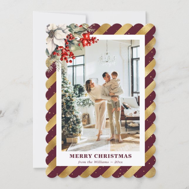 Tarjeta Festiva Red Gold Botanical Modern Photo Christmas Card (Anverso)