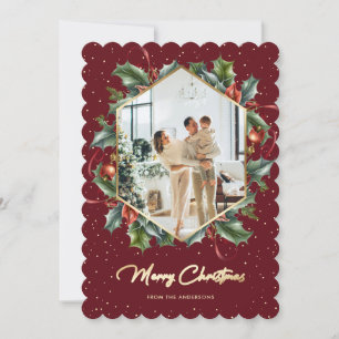 Tarjeta Festiva Red Gold Holly Wreath Fotografía Merry Christmas C