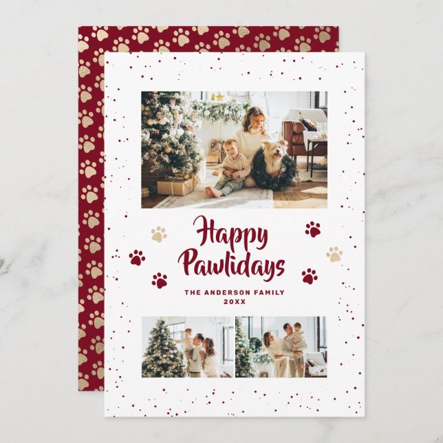 Tarjeta Festiva Red Gold Photo Happy Pawlidays Card (Anverso / Reverso)