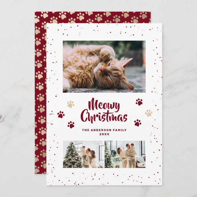 Tarjeta Festiva Red Gold Photo Snow Paws Meowy Christmas Card (Anverso / Reverso)