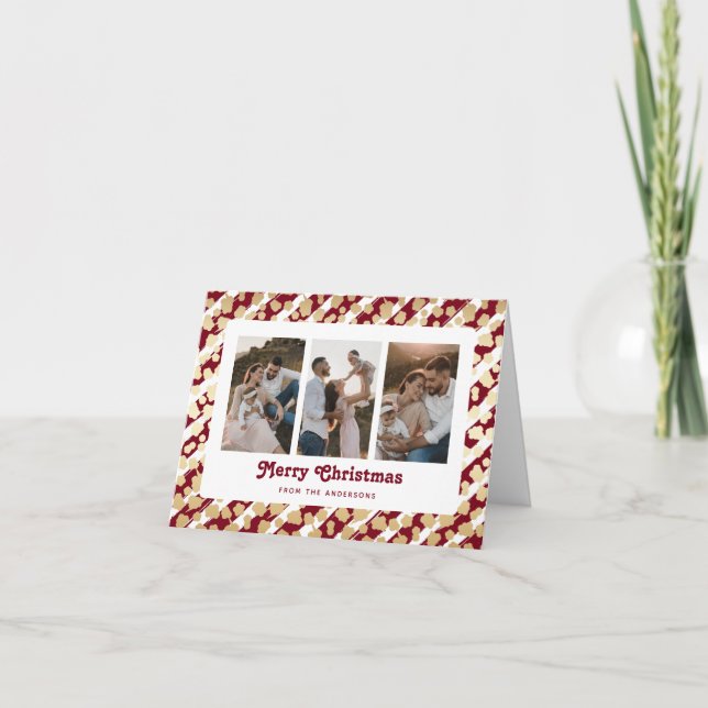 Tarjeta Festiva Red Gold Stars 3 Photo Merry Christmas Card (Anverso)