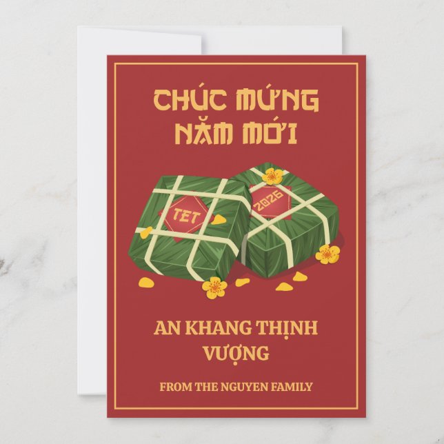 Tarjeta Festiva Red & Gold Vietnamese Tet 2026 Banh Chung (Anverso)