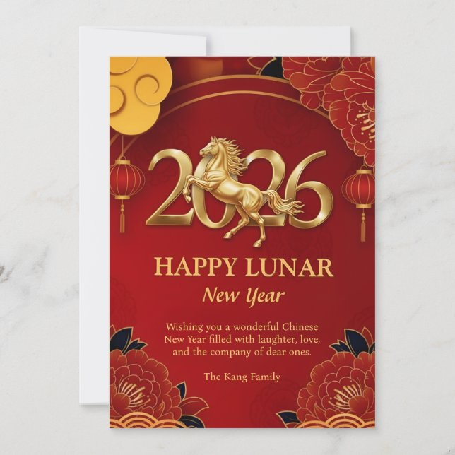 Tarjeta Festiva Red Gold Zodiac 2026 Horse Chinese Lunar New Year  (Anverso)