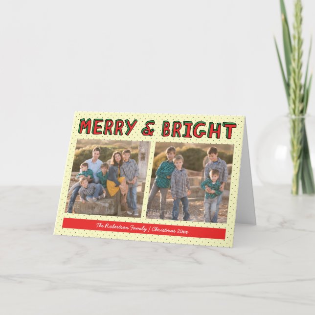 Tarjeta Festiva Red Green Blocks Merry & Bright Holiday Photo (Anverso)