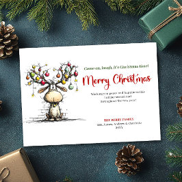 Tarjeta Festiva Red Green Funny Reindeer Christmas Greeting