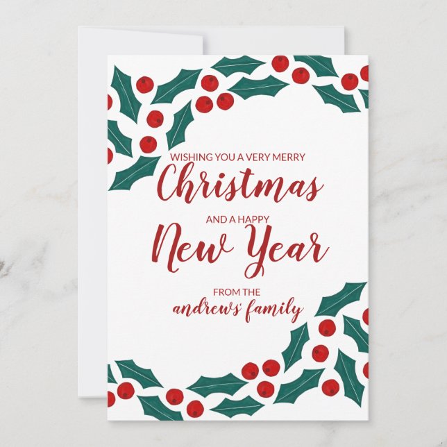 Tarjeta Festiva Red Green Holly Berries Ivy deja Navidades (Anverso)