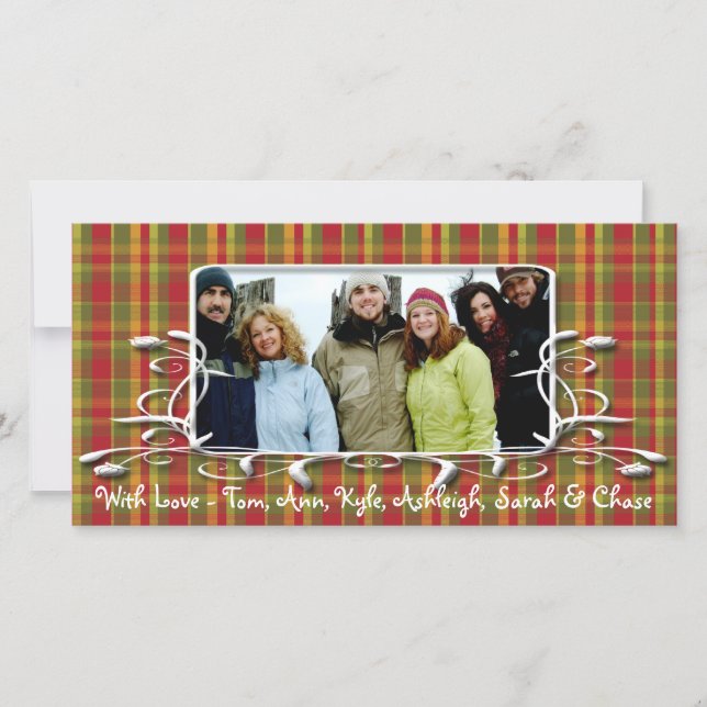 Tarjeta Festiva Red Green Plaid Antique Frame Holiday Family Photo (Anverso)