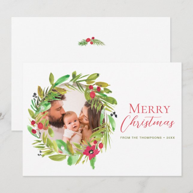 Tarjeta Festiva Red Green Wreath Merry Christmas Family Photo (Anverso / Reverso)