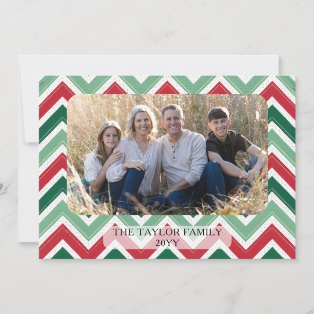 Tarjeta Festiva Red Green Zig Zag Chevron Family Photo Christmas (Anverso)