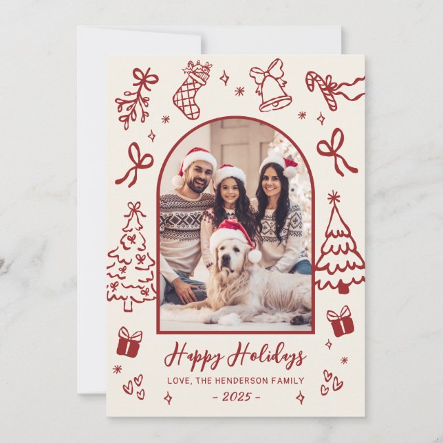 Tarjeta Festiva Red Hand-Drawn Doodle Arch Photo Christmas Happy (Anverso)